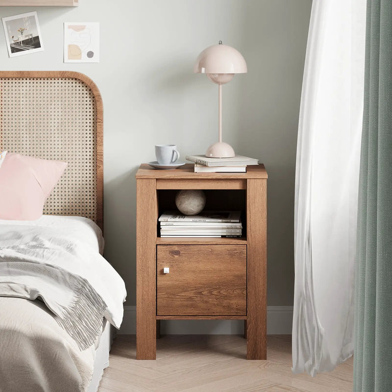 Compact Floor Farmhouse Nightstand with Open Shelf and Cabinet by DirectDeals