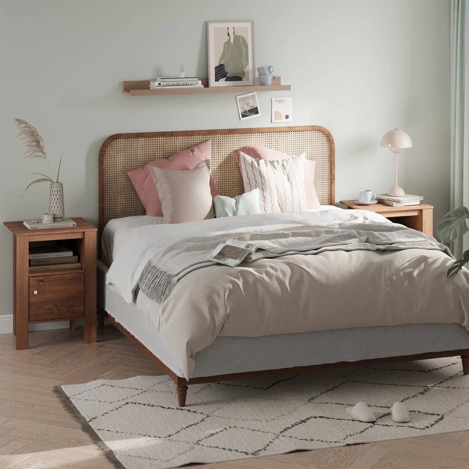Compact Floor Farmhouse Nightstand with Open Shelf and Cabinet by DirectDeals