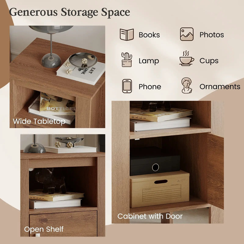 Compact Floor Farmhouse Nightstand with Open Shelf and Cabinet by DirectDeals
