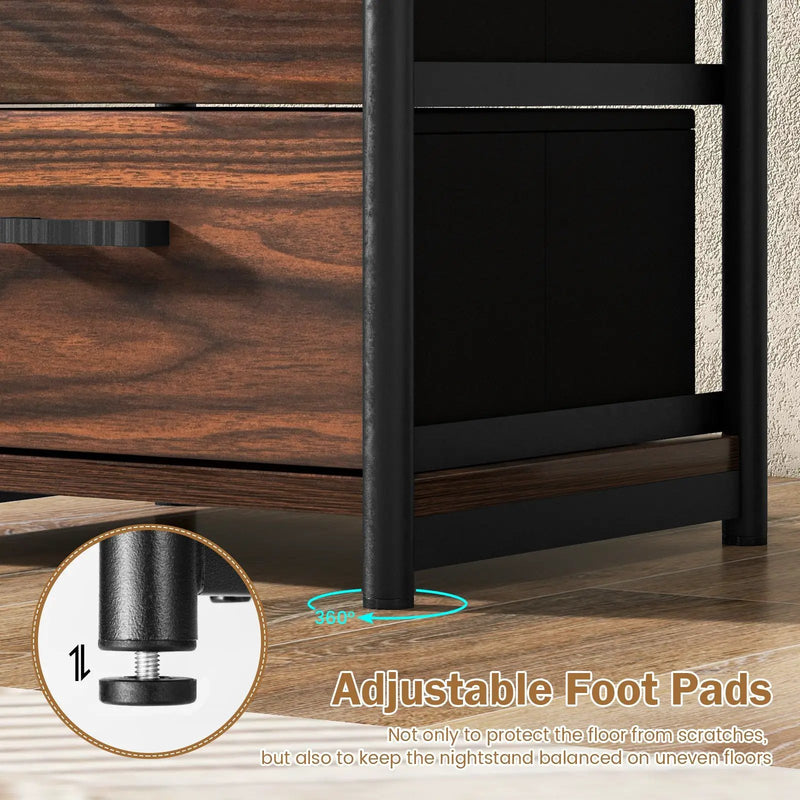 3-Tier Retro Nightstand with 2 Removable Fabric Drawers and Open Shelf-Walnut by DirectDeals