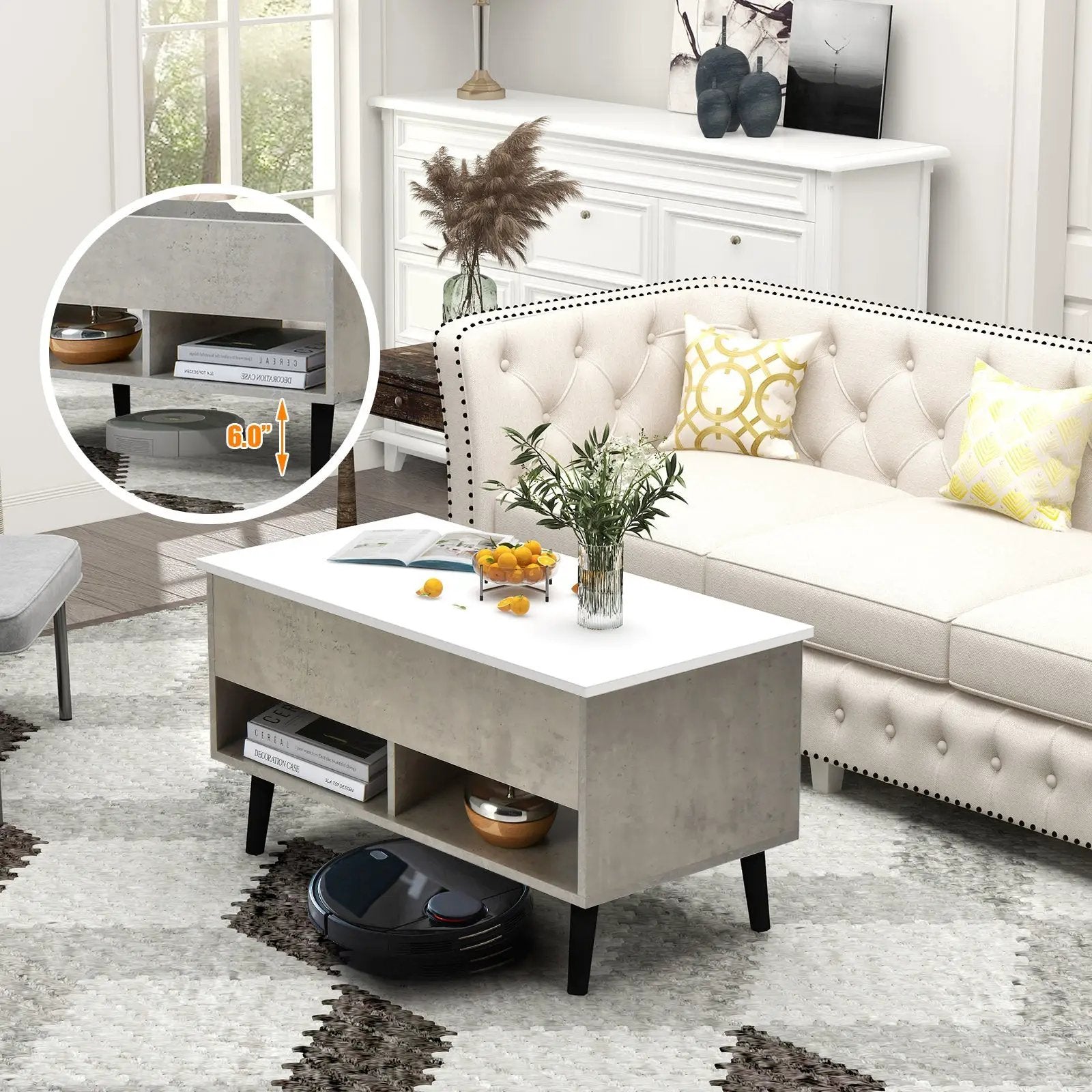 31.5 Inch Lift-Top Coffee Table with Hidden Storage and 2 Open Shelves by DirectDeals