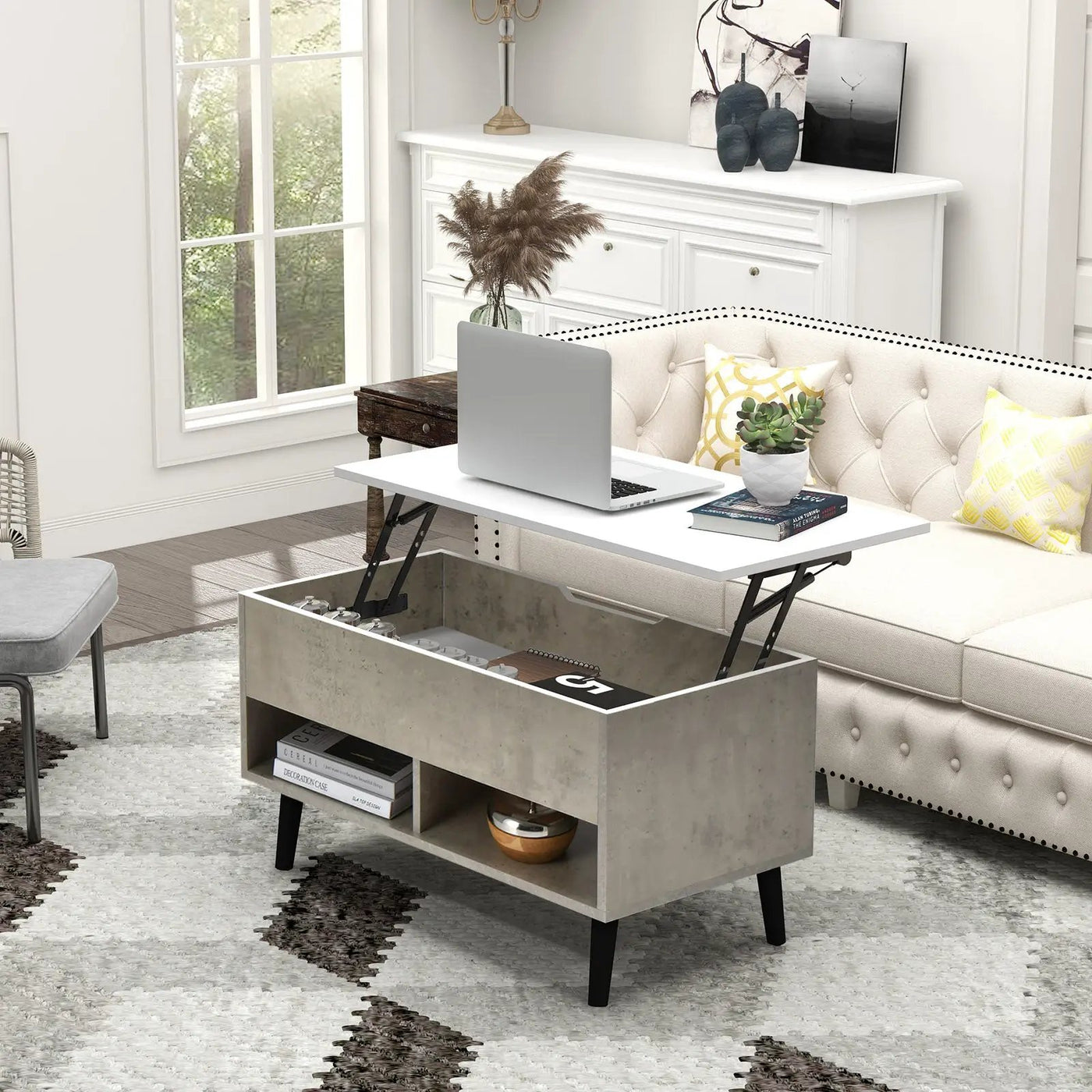 31.5 Inch Lift-Top Coffee Table with Hidden Storage and 2 Open Shelves by DirectDeals