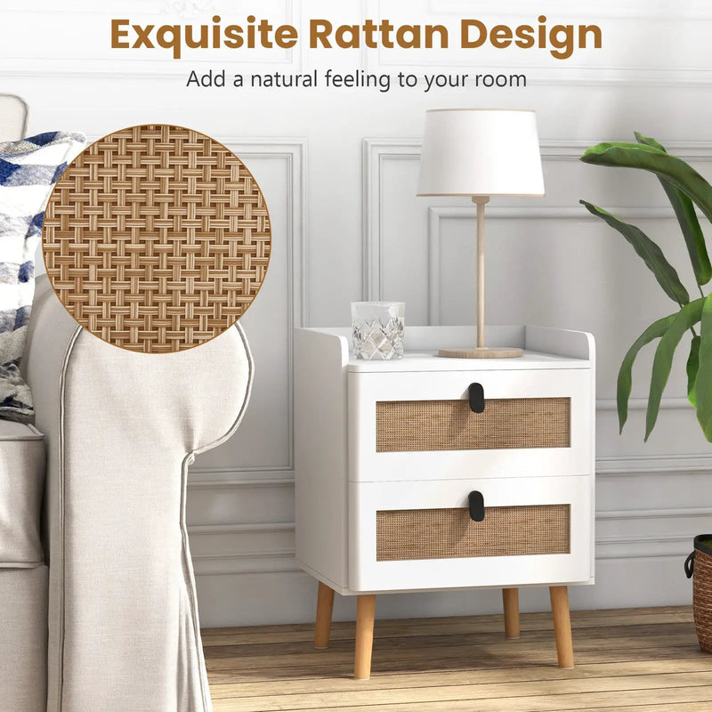 Modern End Table Bedside Table with 2 Rattan Decorated Drawers by DirectDeals