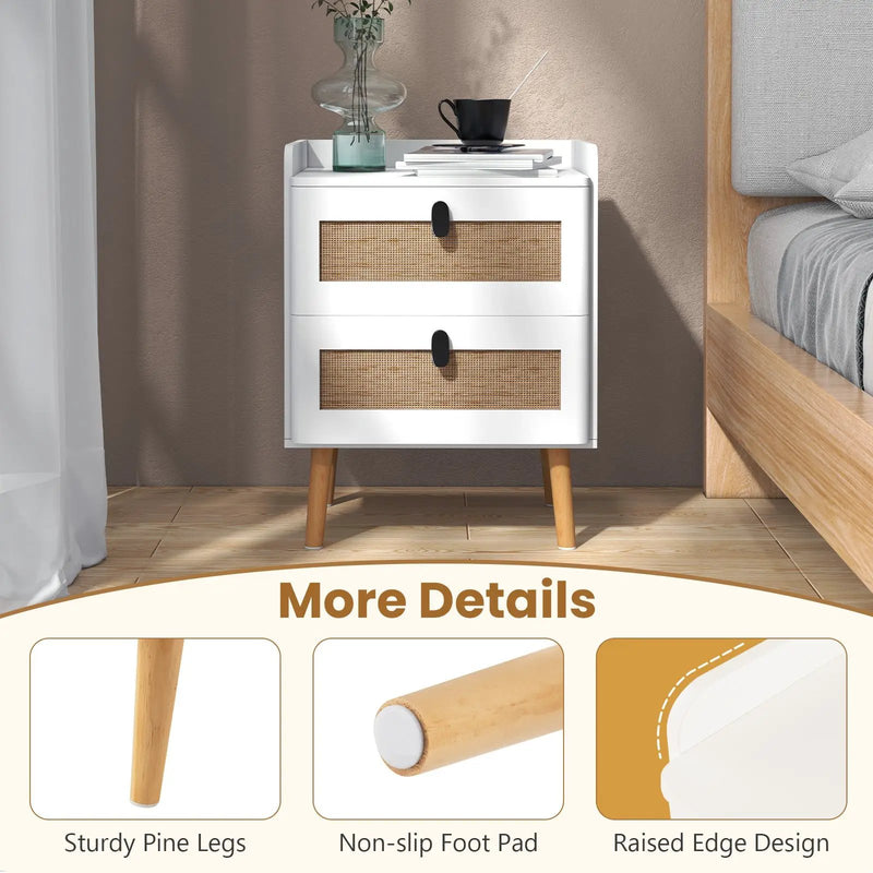 Modern End Table Bedside Table with 2 Rattan Decorated Drawers by DirectDeals