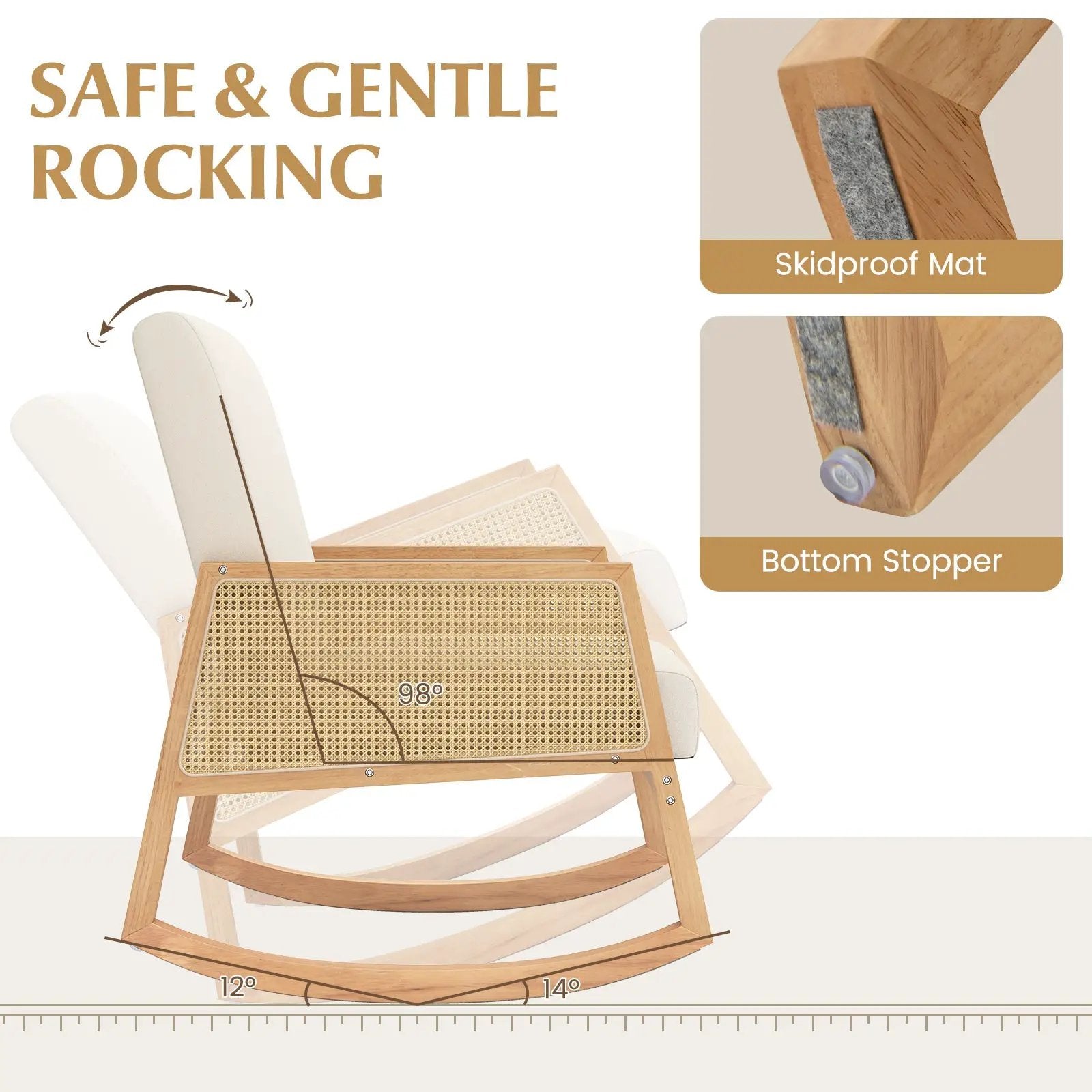 Rocking Chair with Rattan Armrests and Upholstered Cushion-Beige by DirectDeals