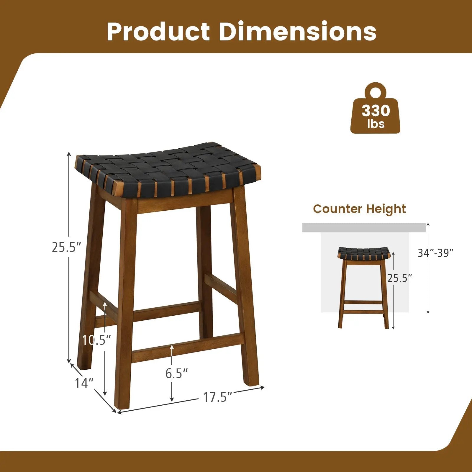 Faux PU Leather Bar Height Stools Set of 2 with Woven Curved Seat by DirectDeals