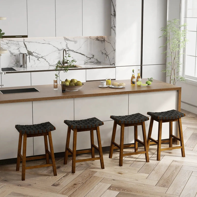 Faux PU Leather Bar Height Stools Set of 2 with Woven Curved Seat by DirectDeals