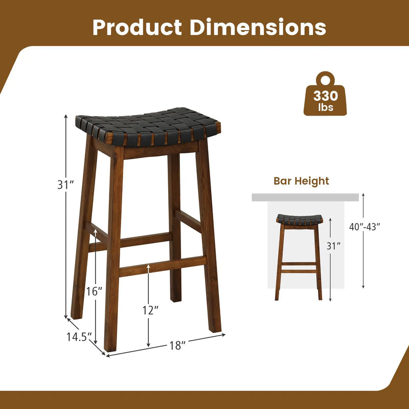 Faux PU Leather Bar Height Stools Set of 2 with Woven Curved Seat by DirectDeals