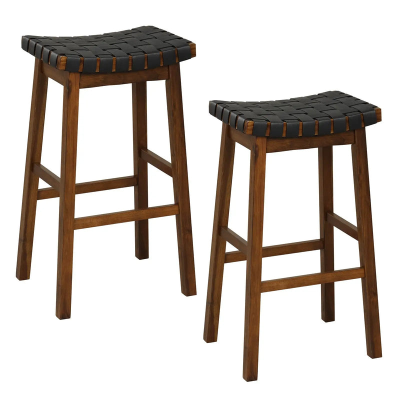 Faux PU Leather Bar Height Stools Set of 2 with Woven Curved Seat by DirectDeals