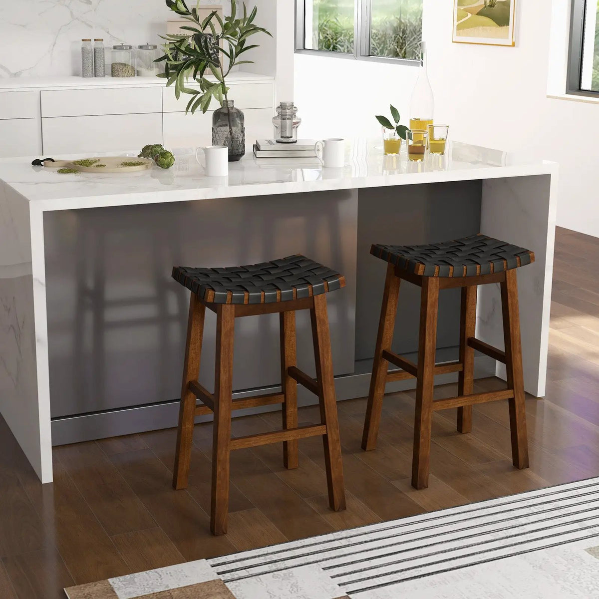 Faux PU Leather Bar Height Stools Set of 2 with Woven Curved Seat by DirectDeals