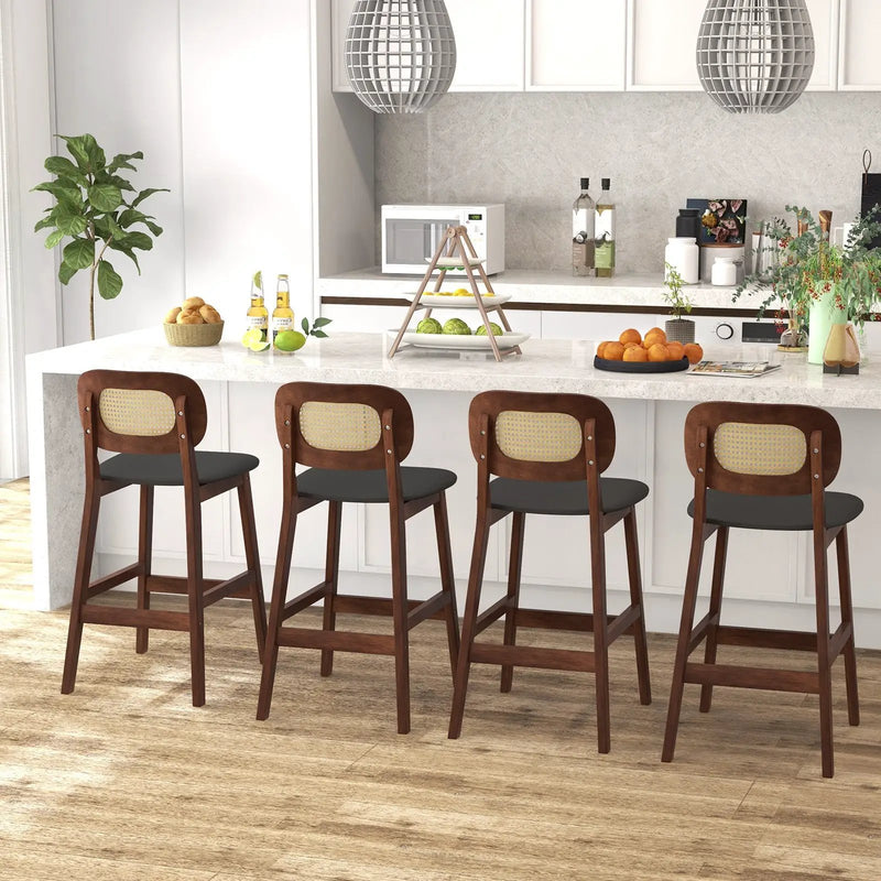 Wood Bar Chairs with PE Rattan Backrest Padded Seat and Footrest-Brown by DirectDeals