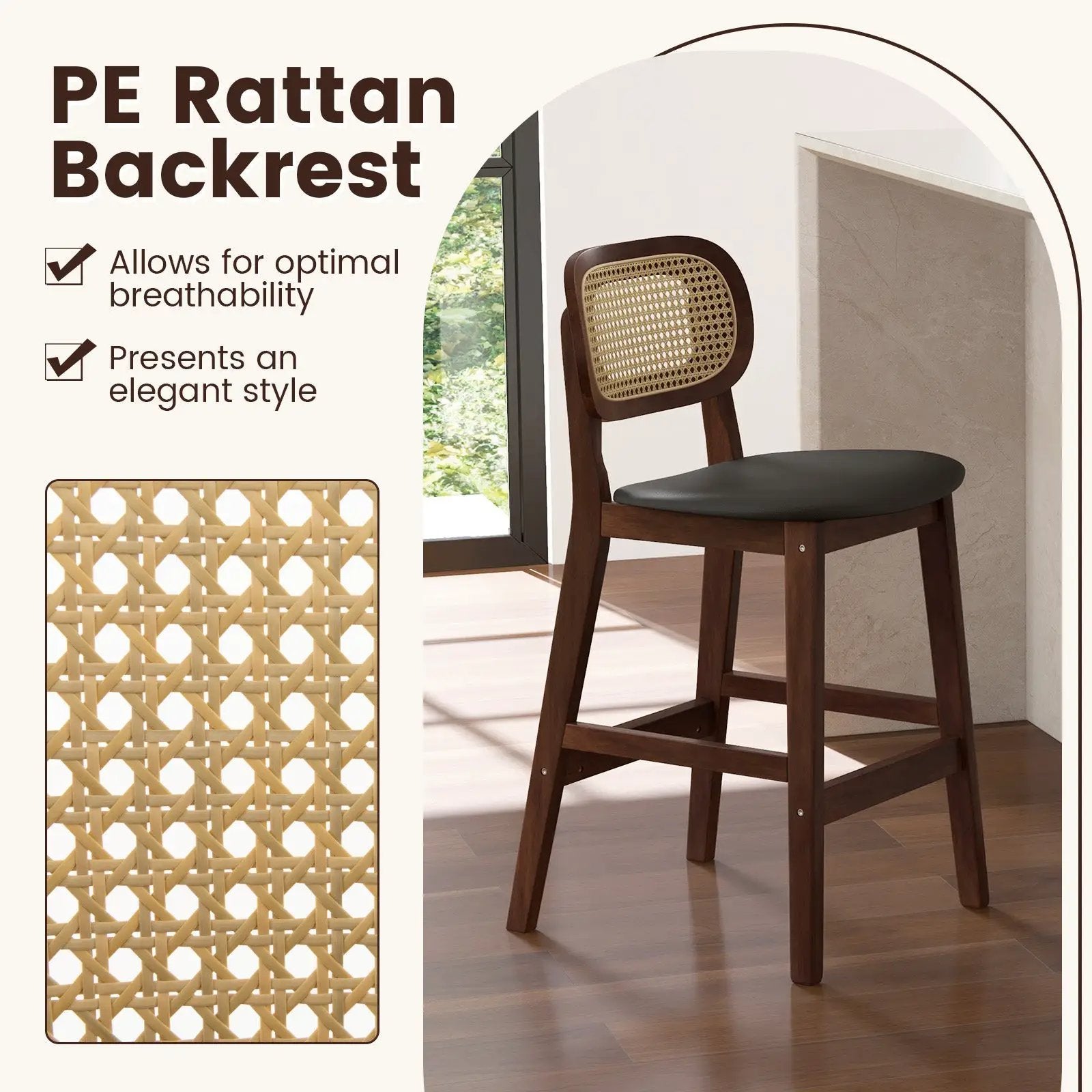Wood Bar Chairs with PE Rattan Backrest Padded Seat and Footrest-Brown by DirectDeals