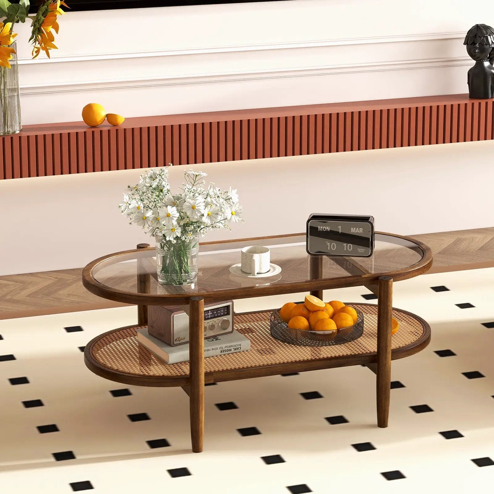 2-Tier Coffee Table with Tempered Glass Tabletop and Acacia Wood Frame by DirectDeals