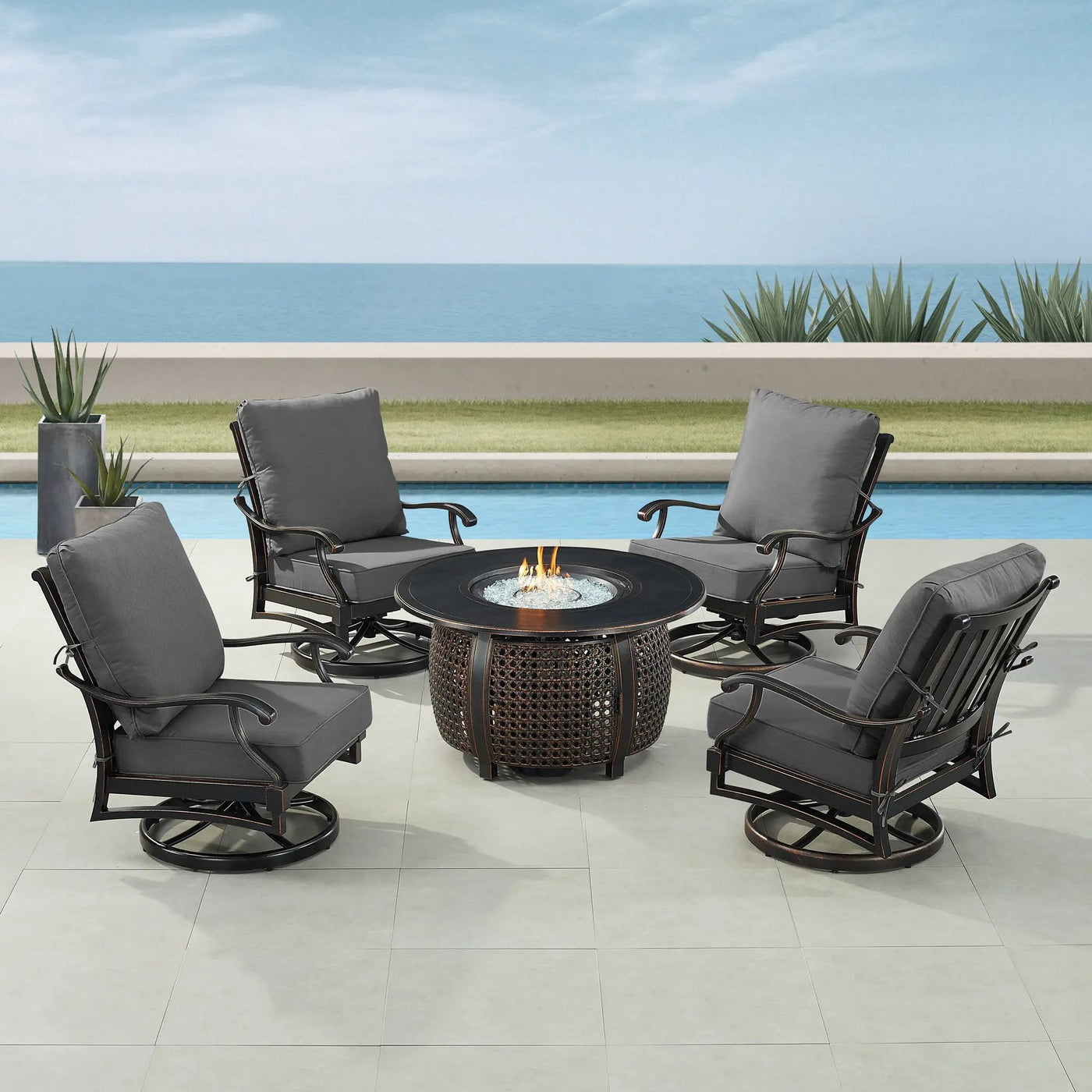 Black Aluminum Fire Table Set with Four Club Chairs by Sharicks