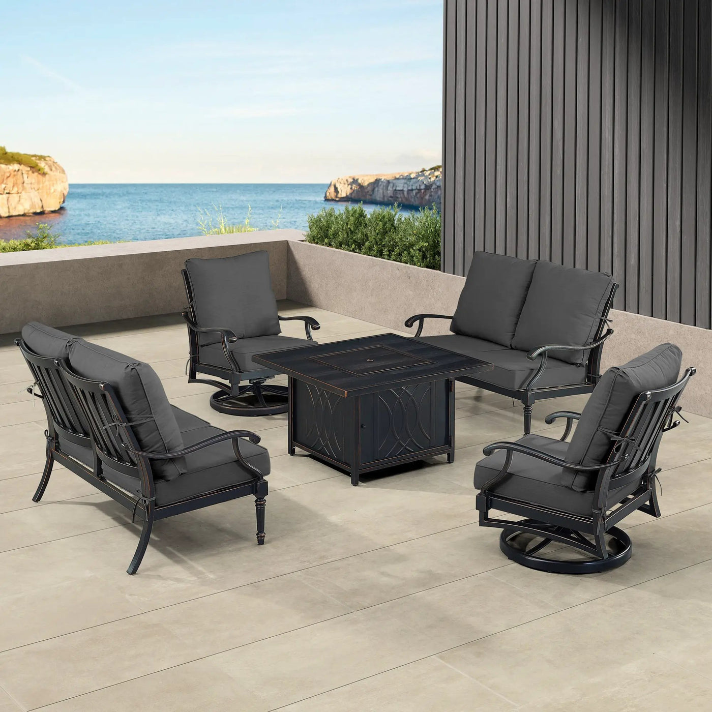 Black Aluminum Fire Table Set with Two Loveseats and Two Club Chairs by Sharicks
