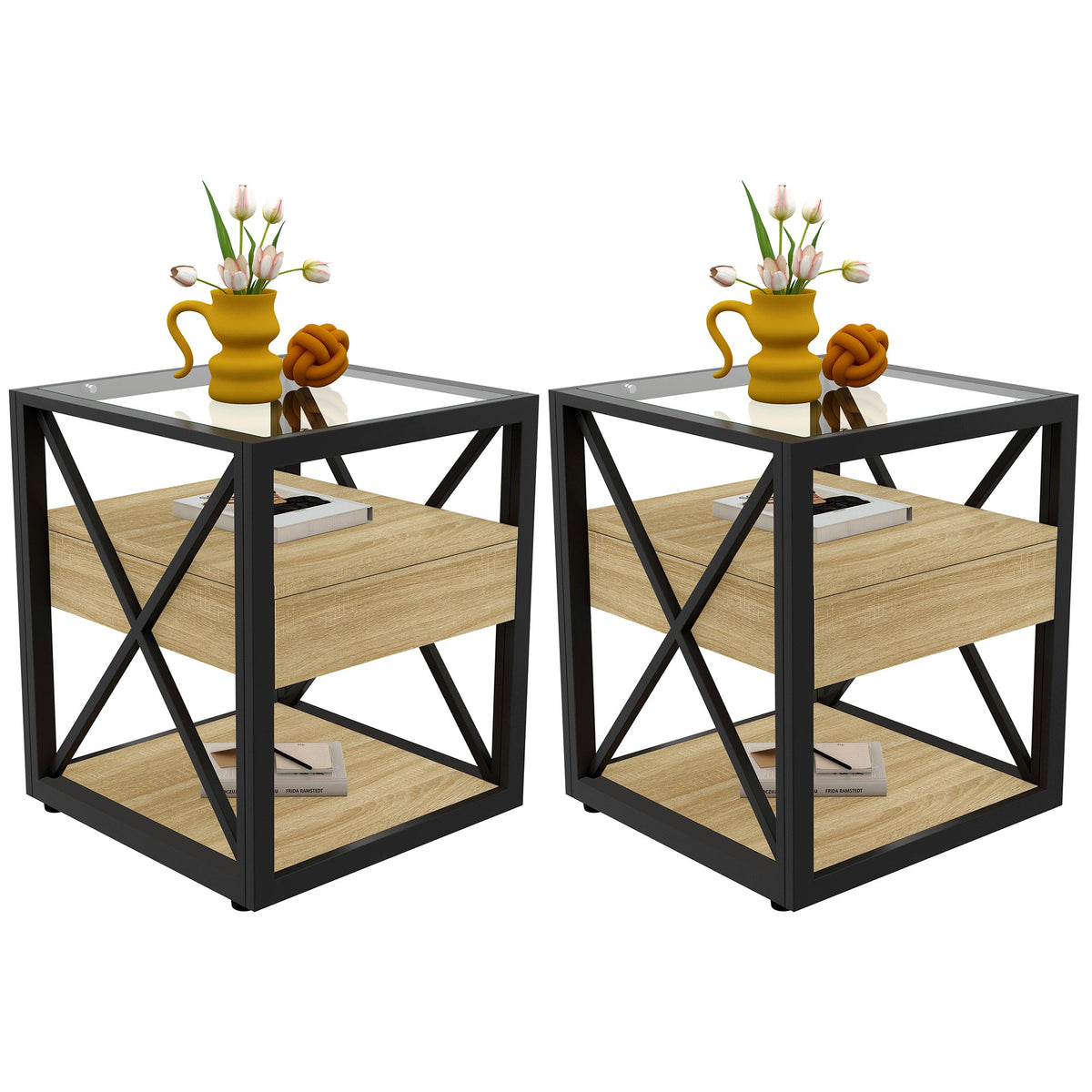 Modern End Tables with Drawer - Set of 2 Nightstands with Tempered Glass Top