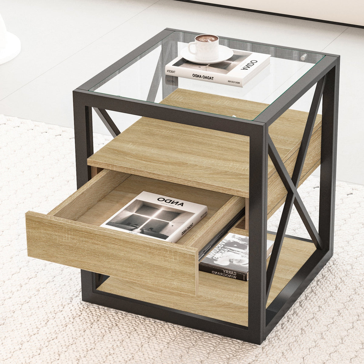 Modern End Tables with Drawer - Set of 2 Nightstands with Tempered Glass Top, photo 10 of 21