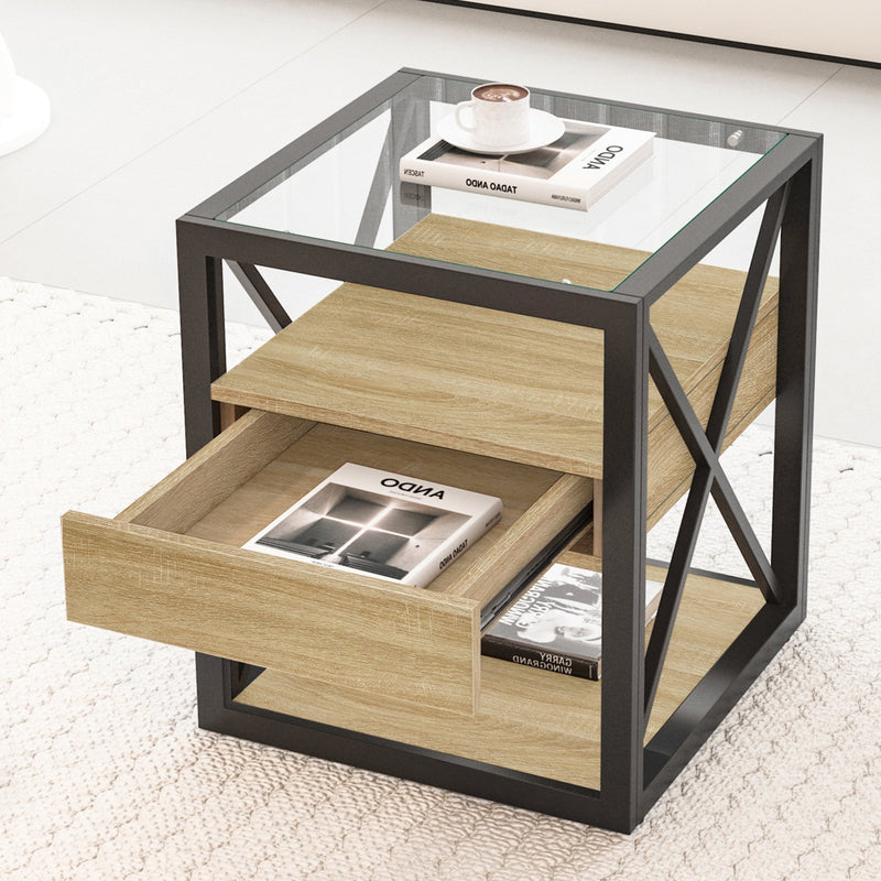Modern End Tables with Drawer - Set of 2 Nightstands with Tempered Glass Top, photo 10 of 21