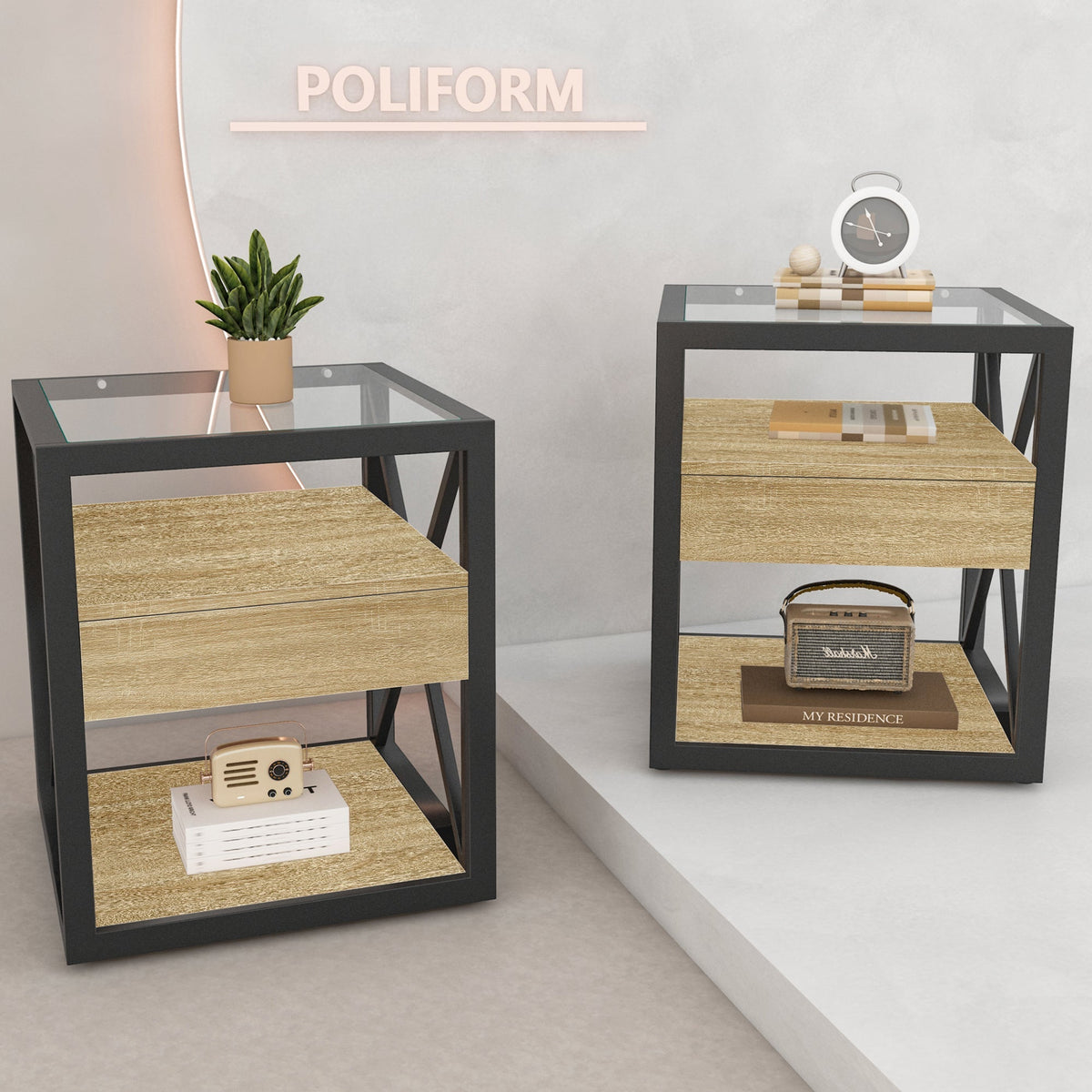 Modern End Tables with Drawer - Set of 2 Nightstands with Tempered Glass Top, photo 2 of 21