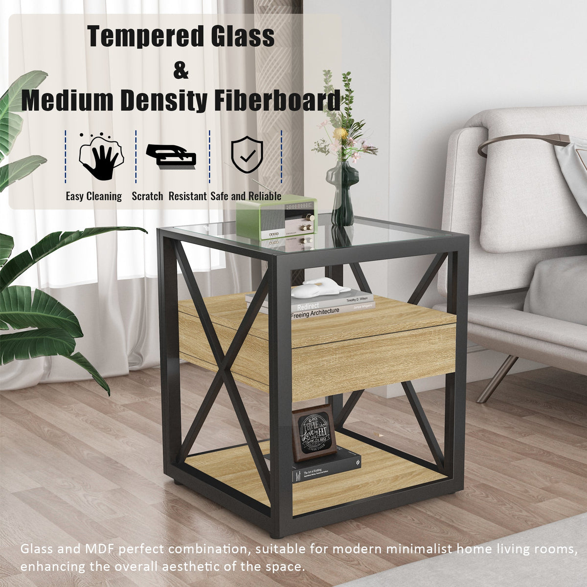 Modern End Tables with Drawer - Set of 2 Nightstands with Tempered Glass Top, photo 4 of 21
