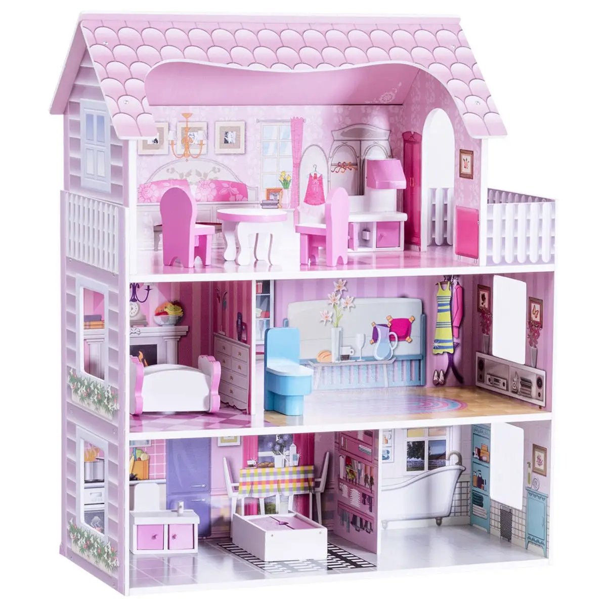 28 Inch Pink Dollhouse with Furniture by DirectDeals