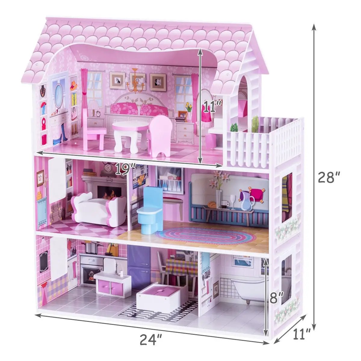28 Inch Pink Dollhouse with Furniture by DirectDeals