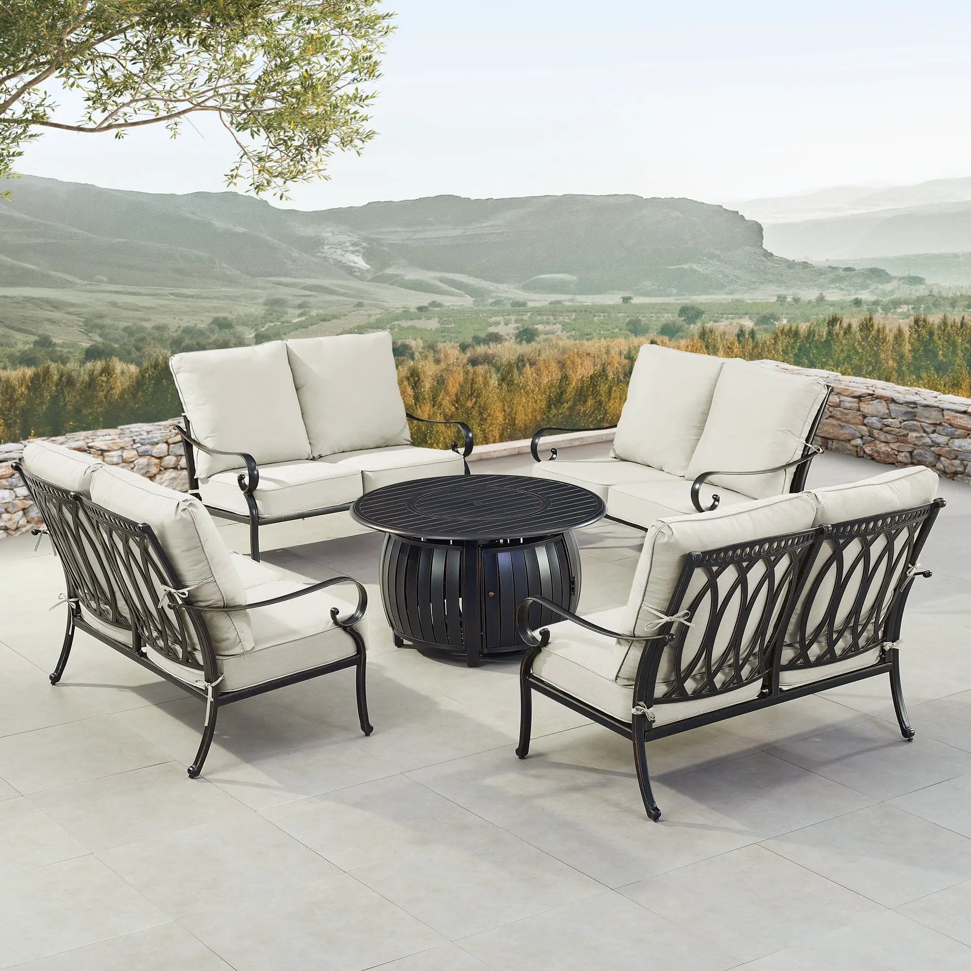 Black Aluminum Fire Table Set with Four Deep Seating Loveseats by Sharicks