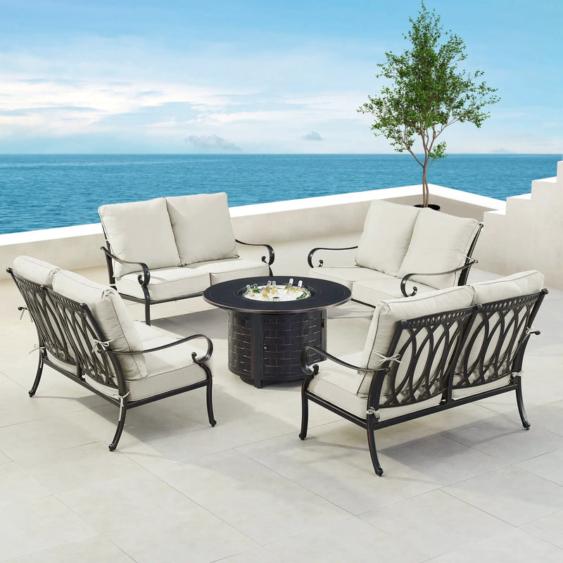 Black Aluminum Fire Table Set with Four Deep Seating Loveseats by Sharicks