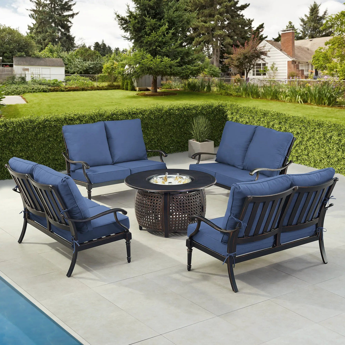 Black Aluminum Fire Table Set with Four Deep Seating Loveseats by Sharicks
