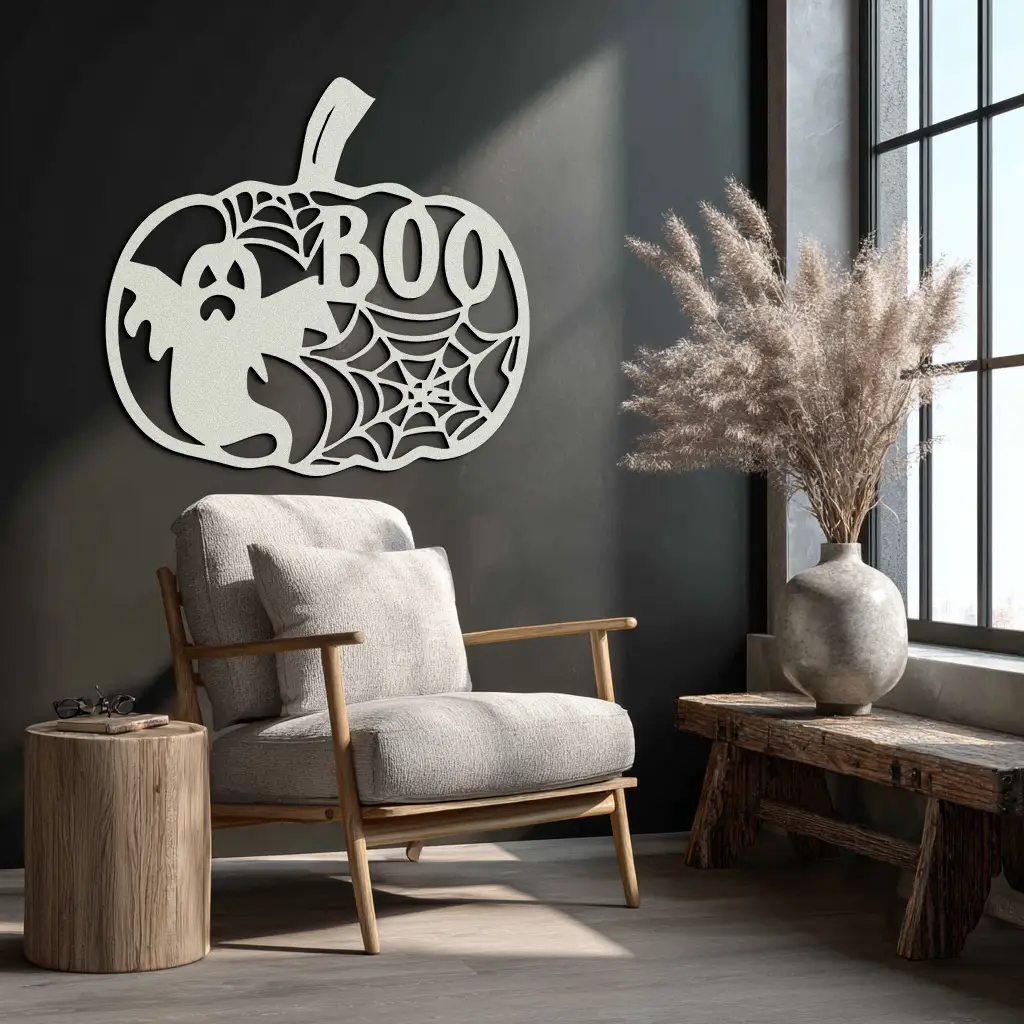 Halloween Pumpkin Ghost Metal Wall Art – Spooky Black Steel Holiday Decoration- KAF501 by Enova Art