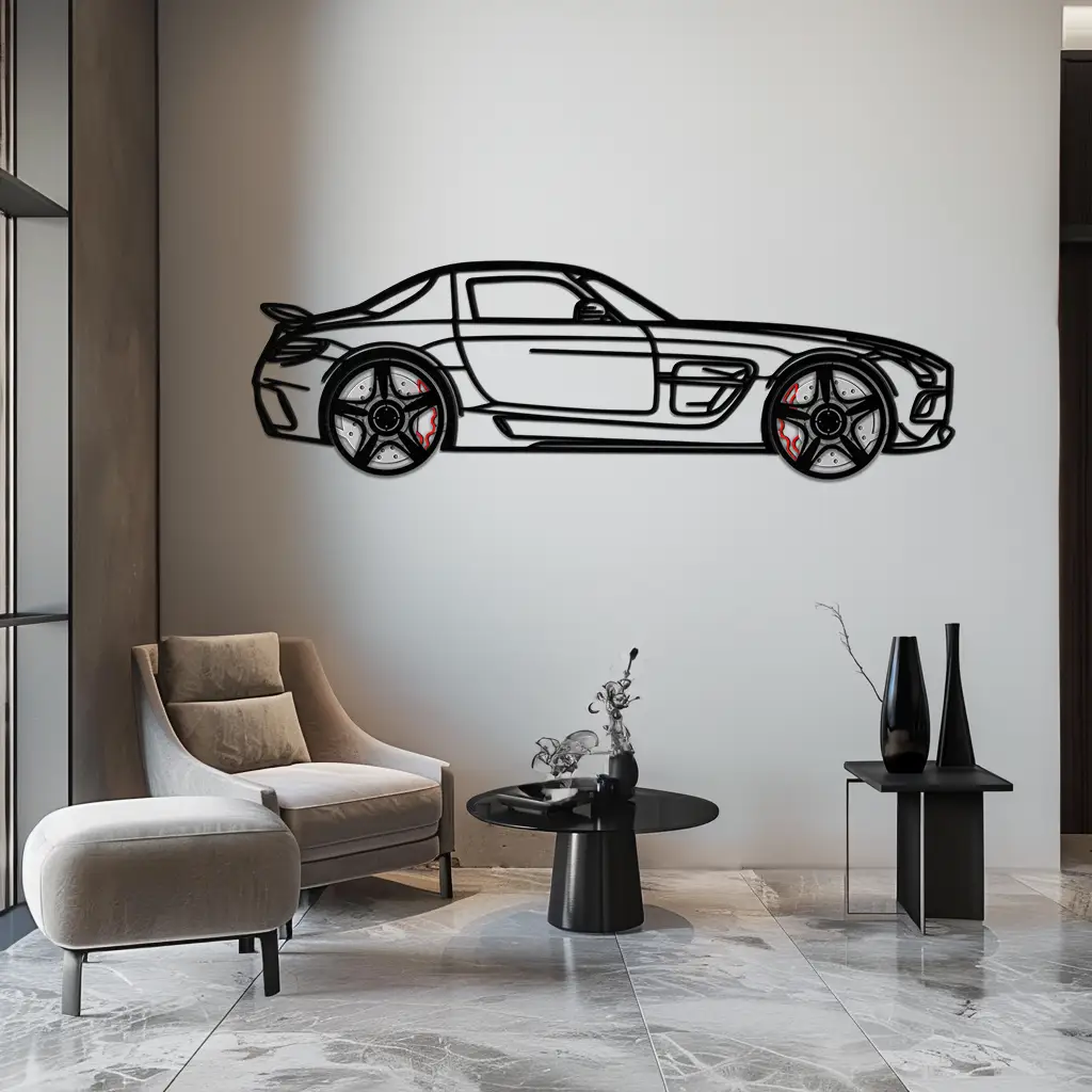 Mercedes SLS AMG Metal Wall Art – Rotating Wheel Car Silhouette • Luxury Automotive Decor • Perfect Gift for Car Lovers - KAFMEKA075 by Enova Art