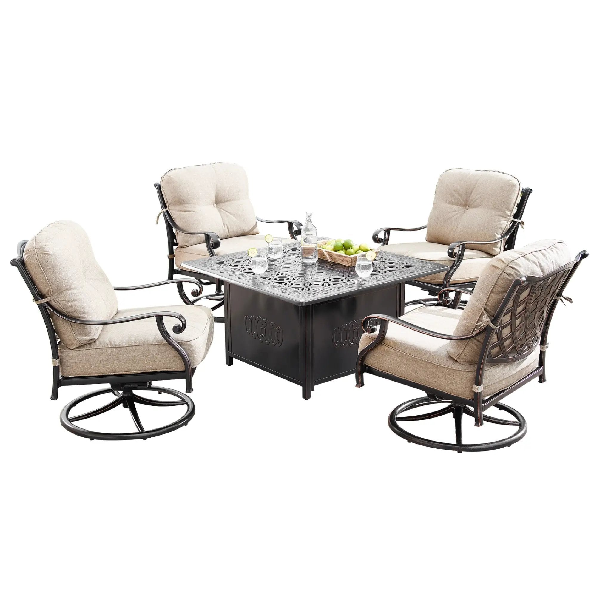 Aluminum 42-in Square Patio Fire Table Set with Swivel Rocking Chairs by Sharicks