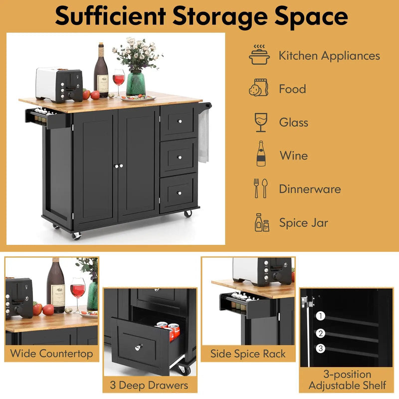 Kitchen Island Trolley Cart Wood with Drop-Leaf Tabletop and Storage Cabinet by DirectDeals