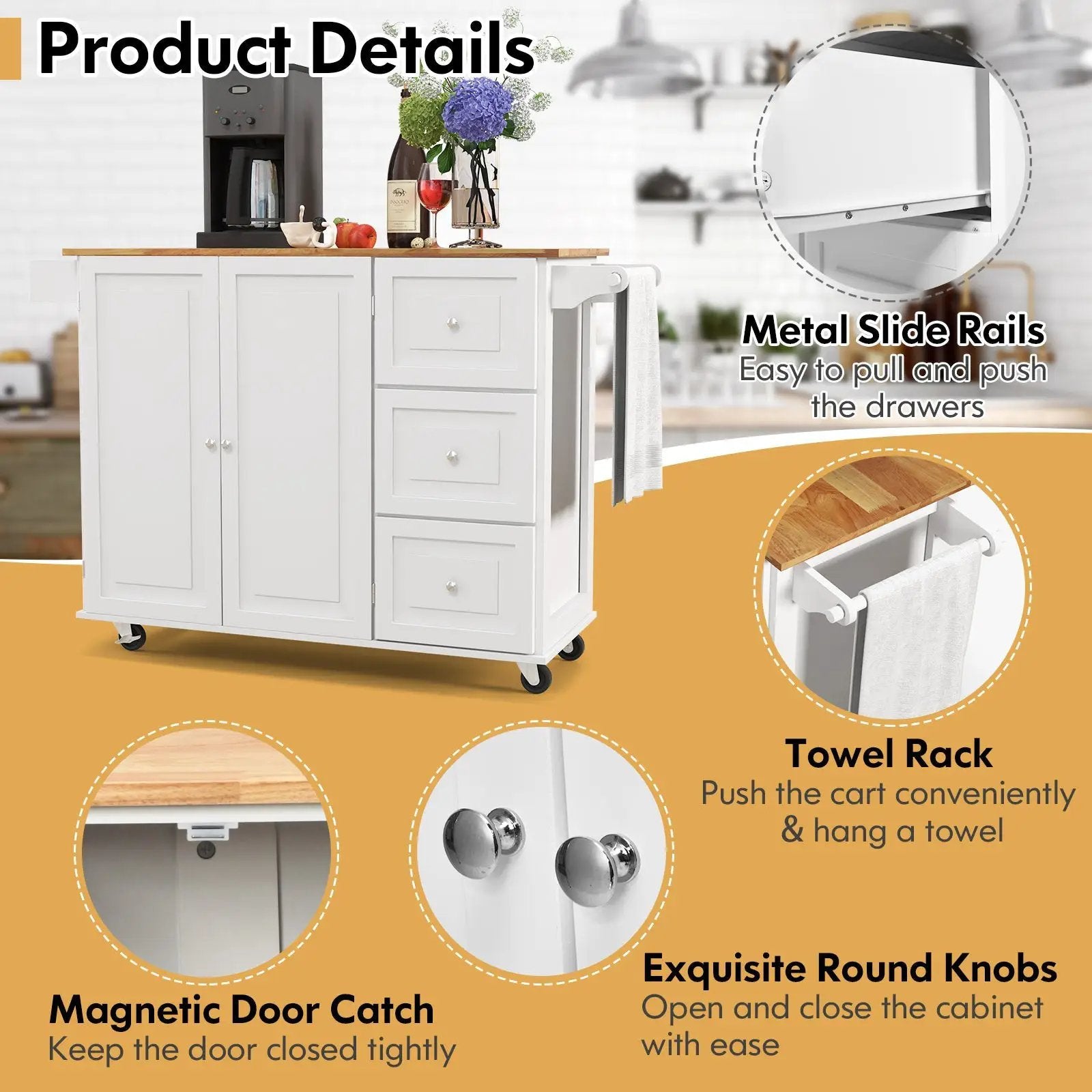 Kitchen Island Trolley Cart Wood with Drop-Leaf Tabletop and Storage Cabinet by DirectDeals