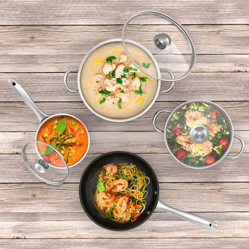 7-Piece Stainless Steel Cookware Set with Tempered Glass Lid-Silver by DirectDeals
