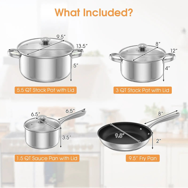 7-Piece Stainless Steel Cookware Set with Tempered Glass Lid-Silver by DirectDeals
