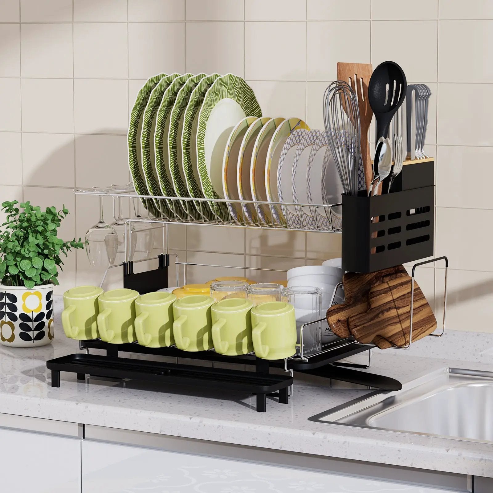 2-Tier Detachable Dish Drying Rack with Cutlery Holder by DirectDeals