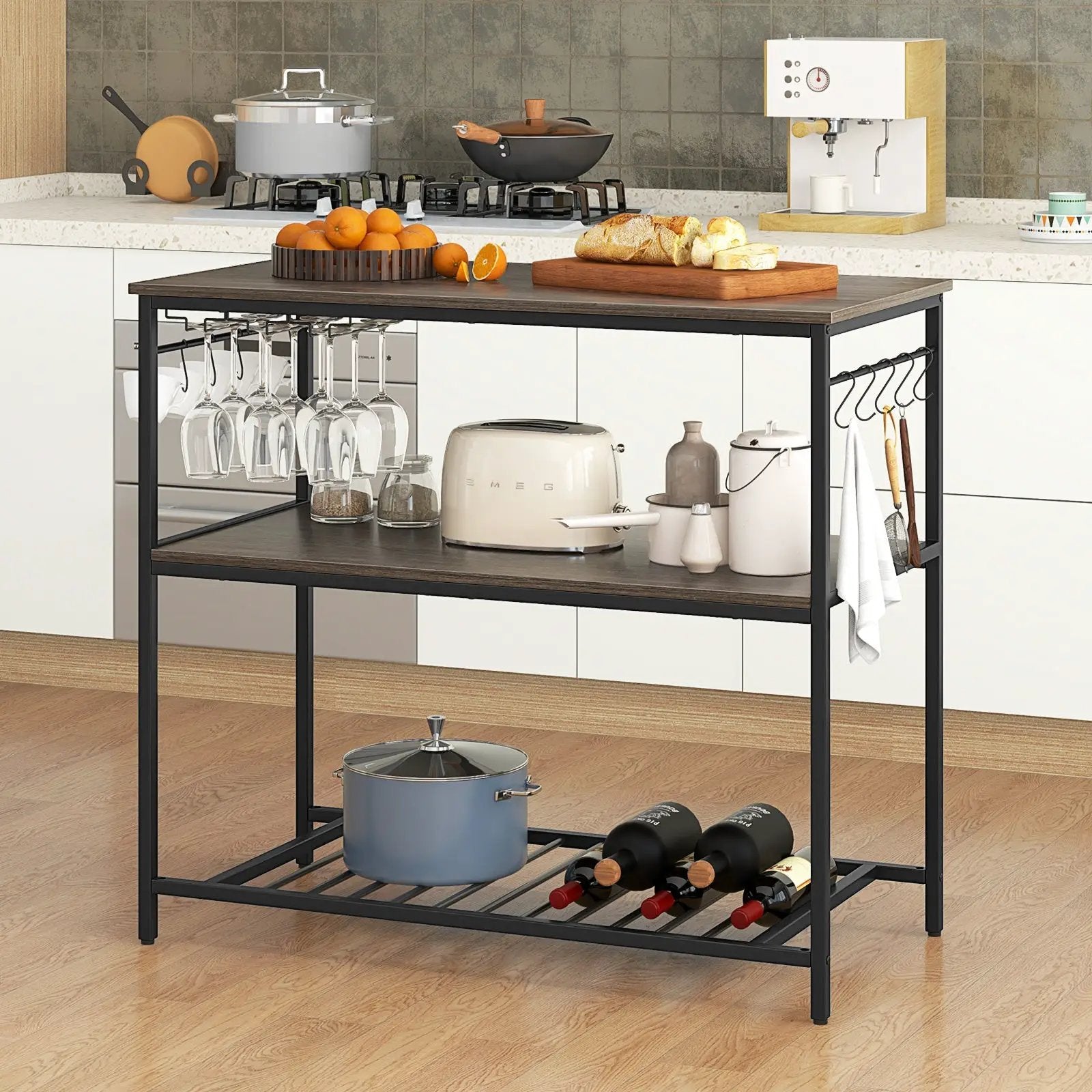 Kitchen Island with 3 Shelves Wine Glass Holders and 10 Hooks-Gray by DirectDeals