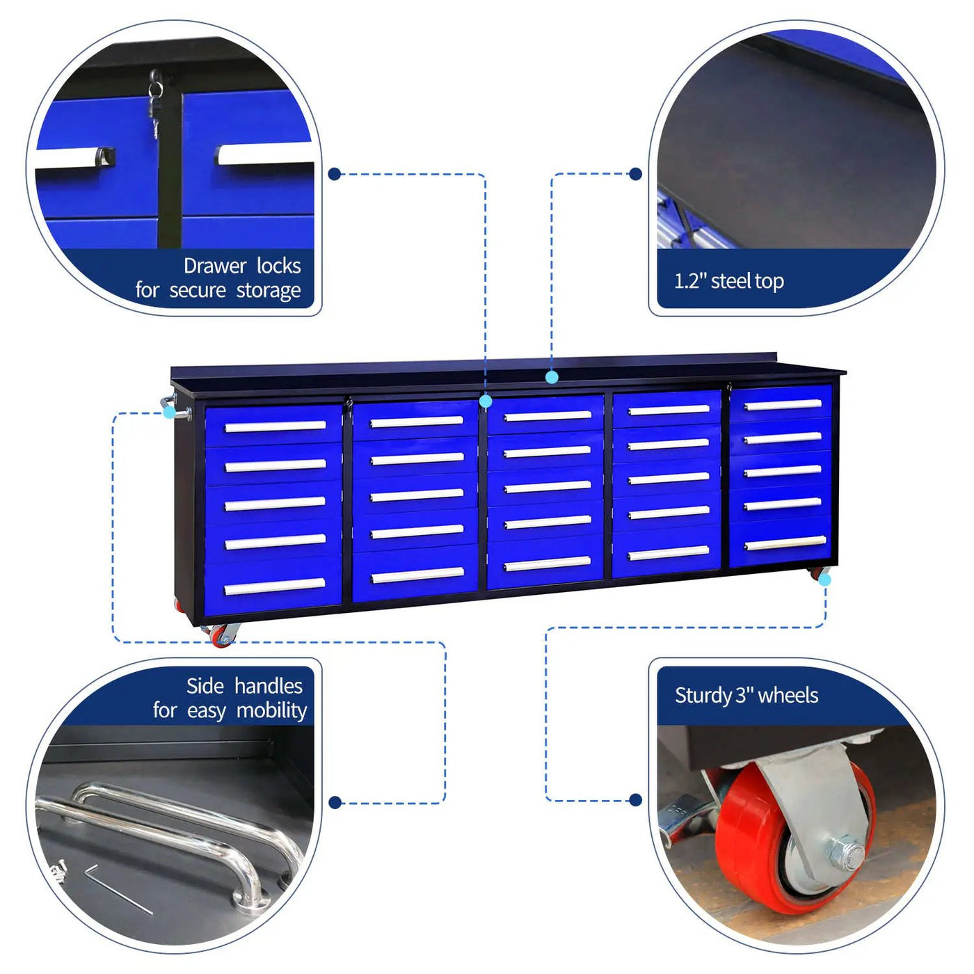 10ft 25-Drawer Storage Workbench with Wheels by Chery Industrial