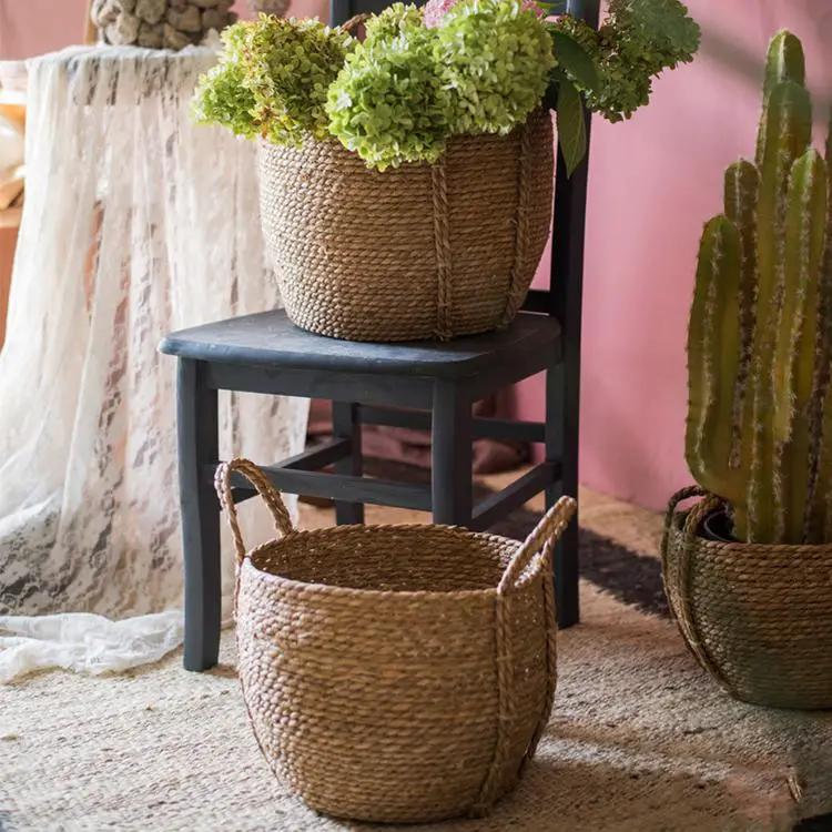 Khaki Brown Solid Color Straw Basket With Handles by RusticReach