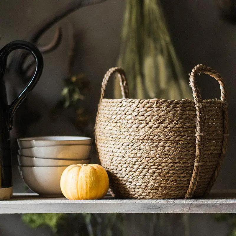 Khaki Brown Solid Color Straw Basket With Handles by RusticReach