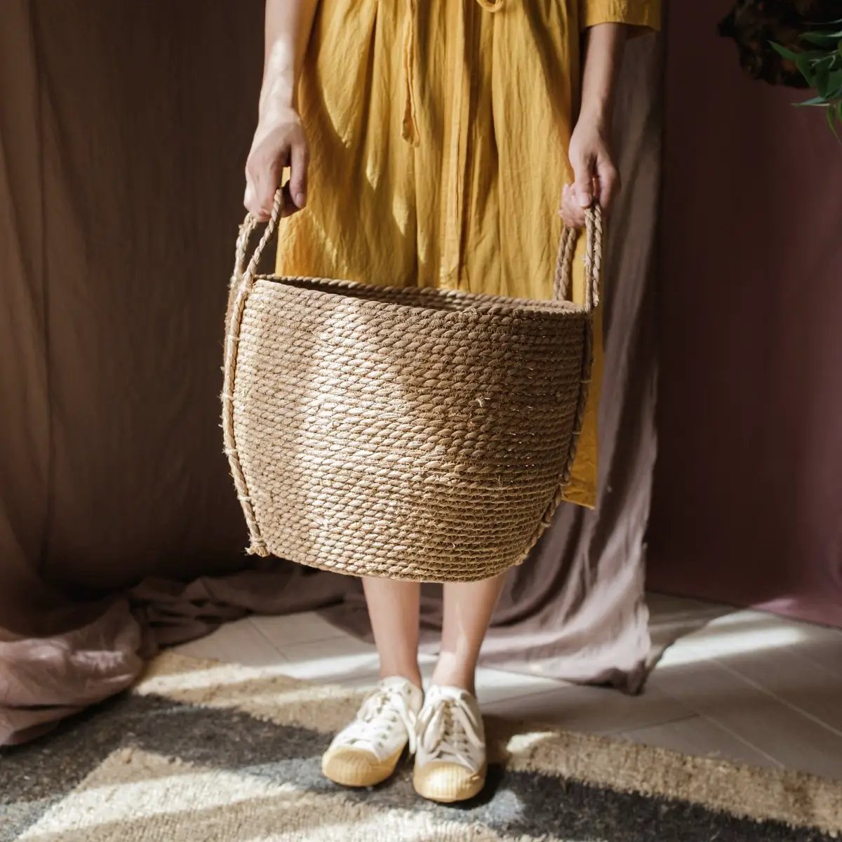 Khaki Brown Solid Color Straw Basket With Handles by RusticReach