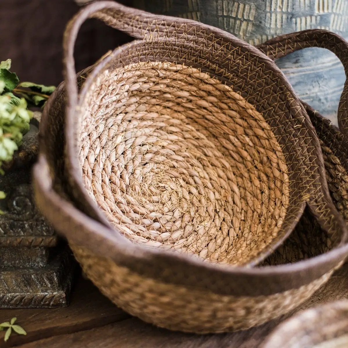 Khaki Brown Straw Basket with Handles by RusticReach