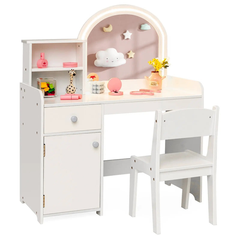 Kids Vanity Table and Chair Set with Shelves Drawer and Cabinet-White by DirectDeals