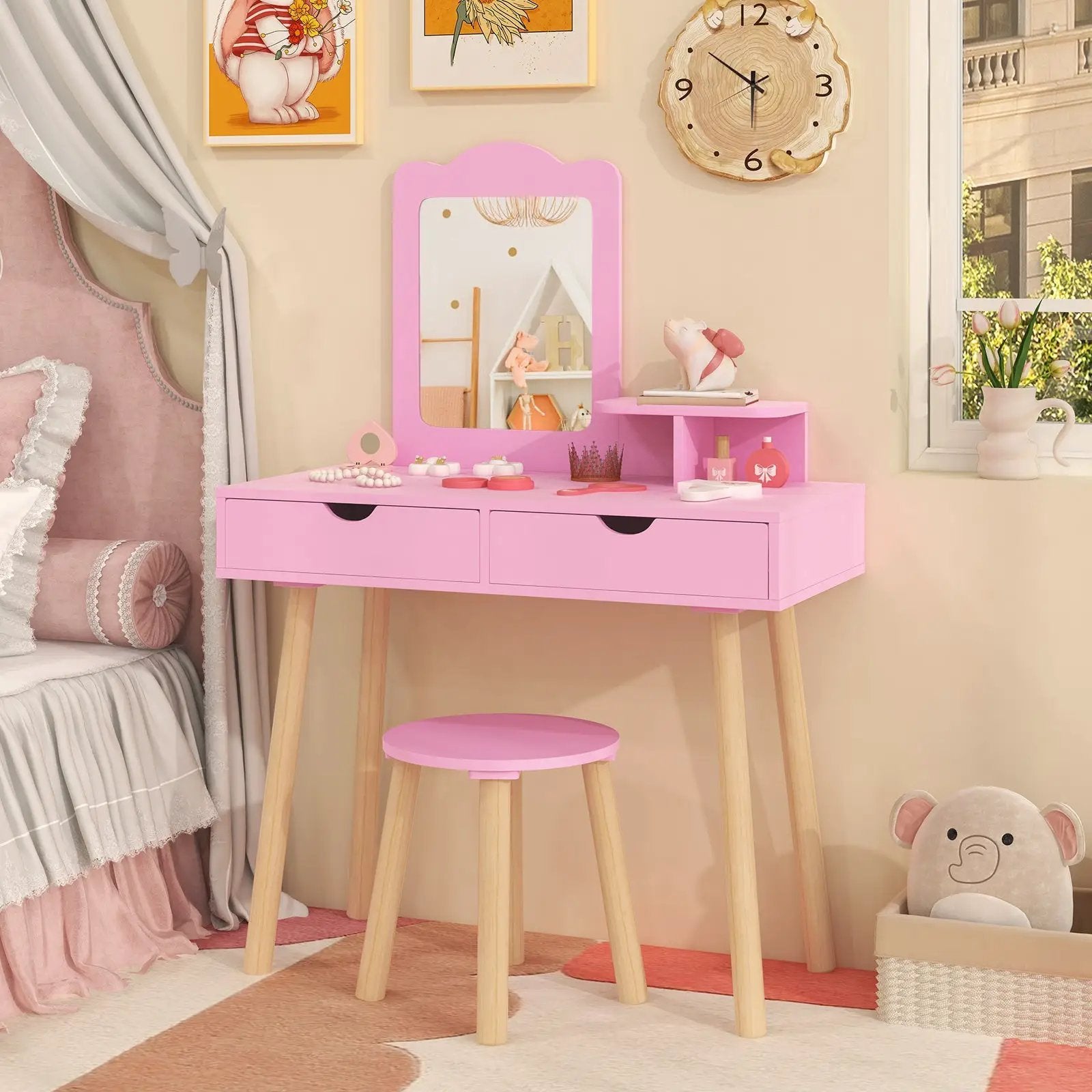 Kid Vanity Table Chair Set with Mirror and 2 Large Storage Drawers by DirectDeals