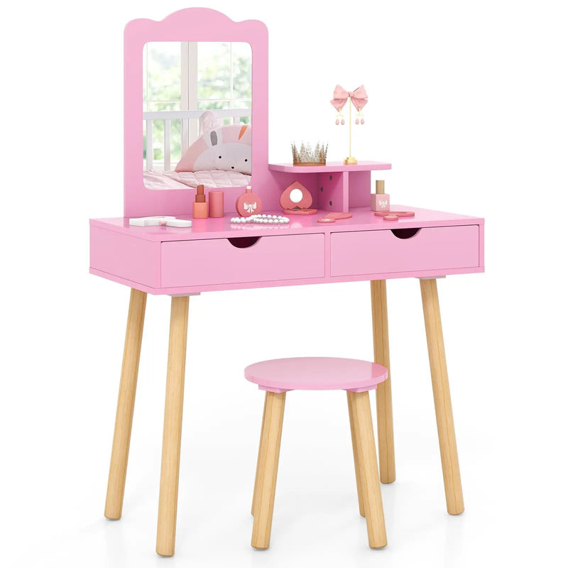Kid Vanity Table Chair Set with Mirror and 2 Large Storage Drawers by DirectDeals