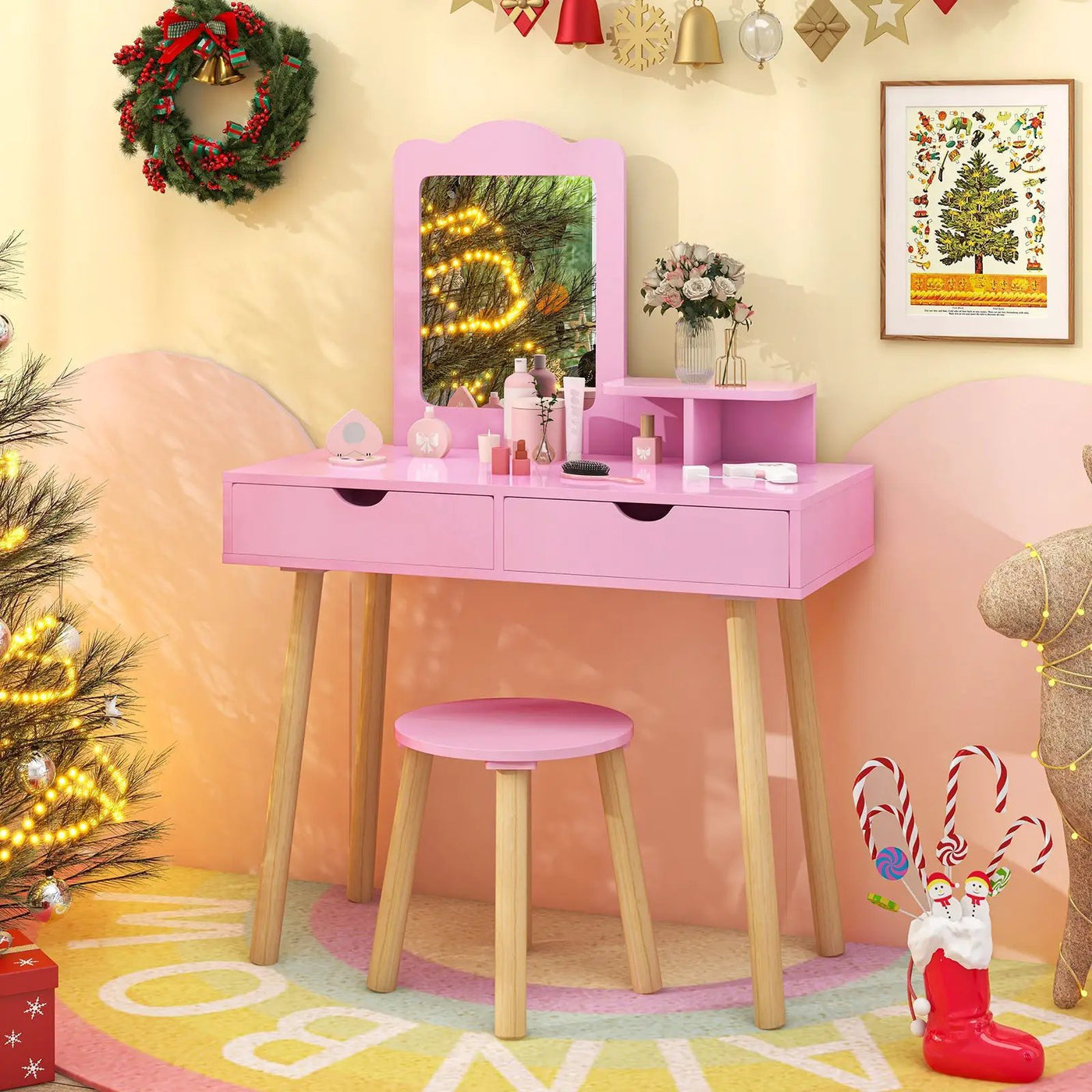 Kid Vanity Table Chair Set with Mirror and 2 Large Storage Drawers by DirectDeals