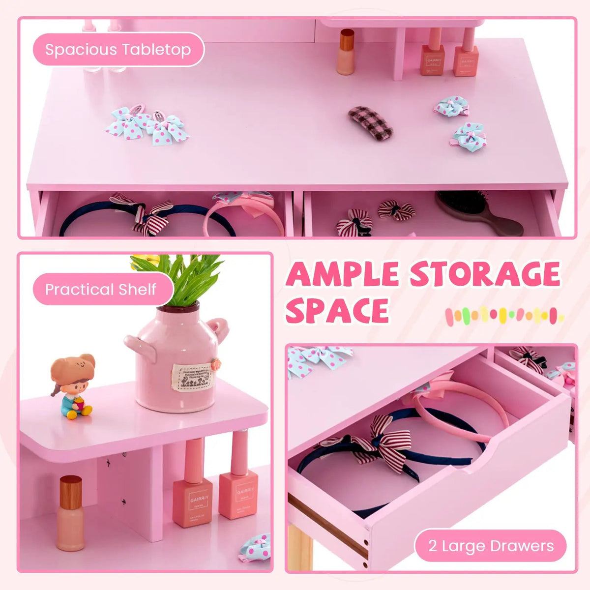 Kid Vanity Table Chair Set with Mirror and 2 Large Storage Drawers by DirectDeals