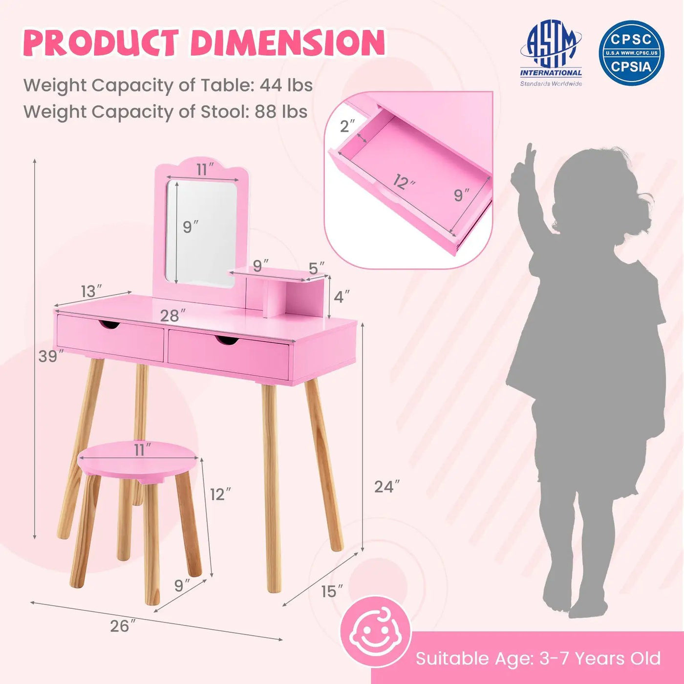Kid Vanity Table Chair Set with Mirror and 2 Large Storage Drawers by DirectDeals