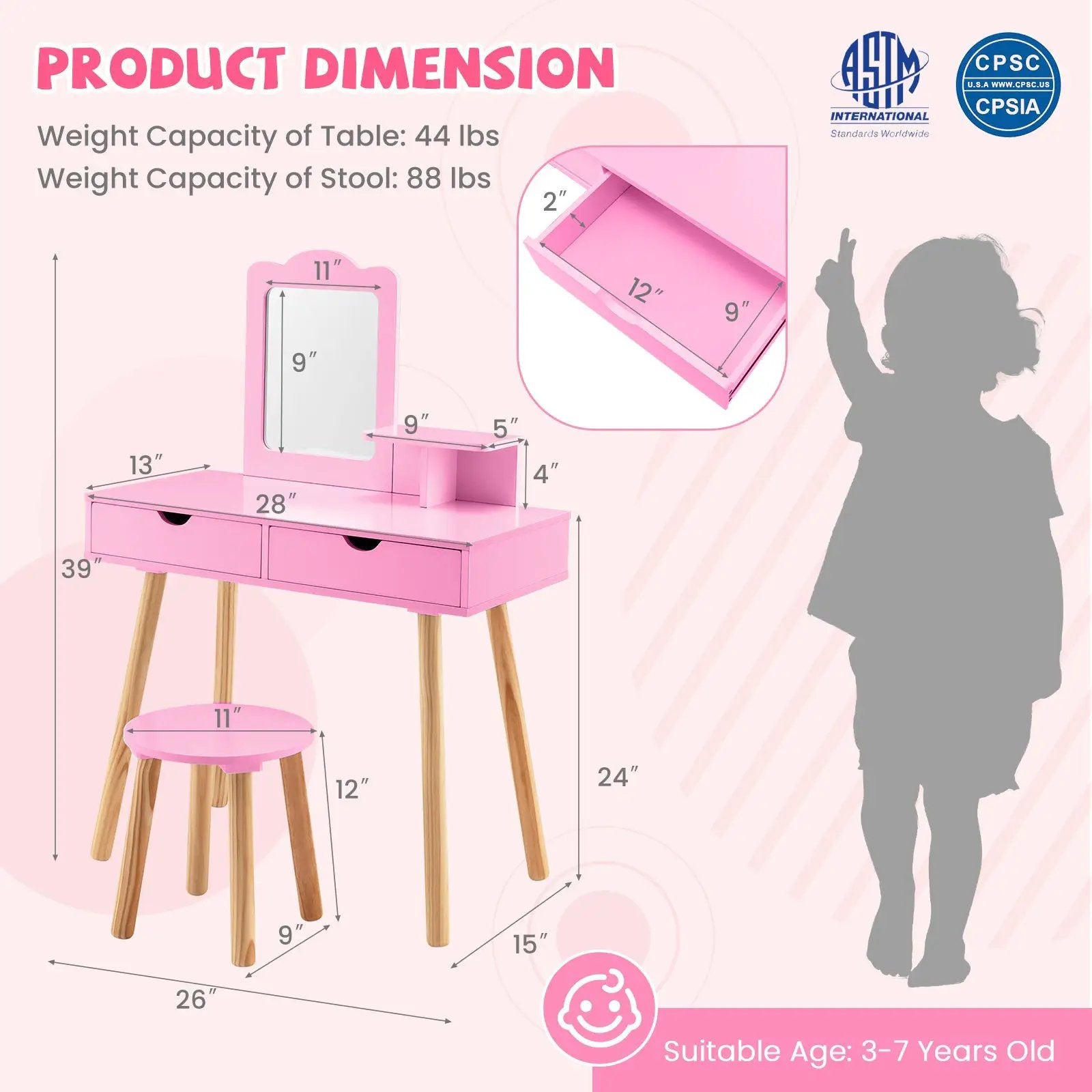 Kid Vanity Table Chair Set with Mirror and 2 Large Storage Drawers by DirectDeals